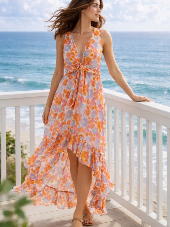 Sundress Dresses & Skirts - Sundress Delina Maxi Dress Orange Pink Purple Tie Front Ruffle Hem - Size M/L